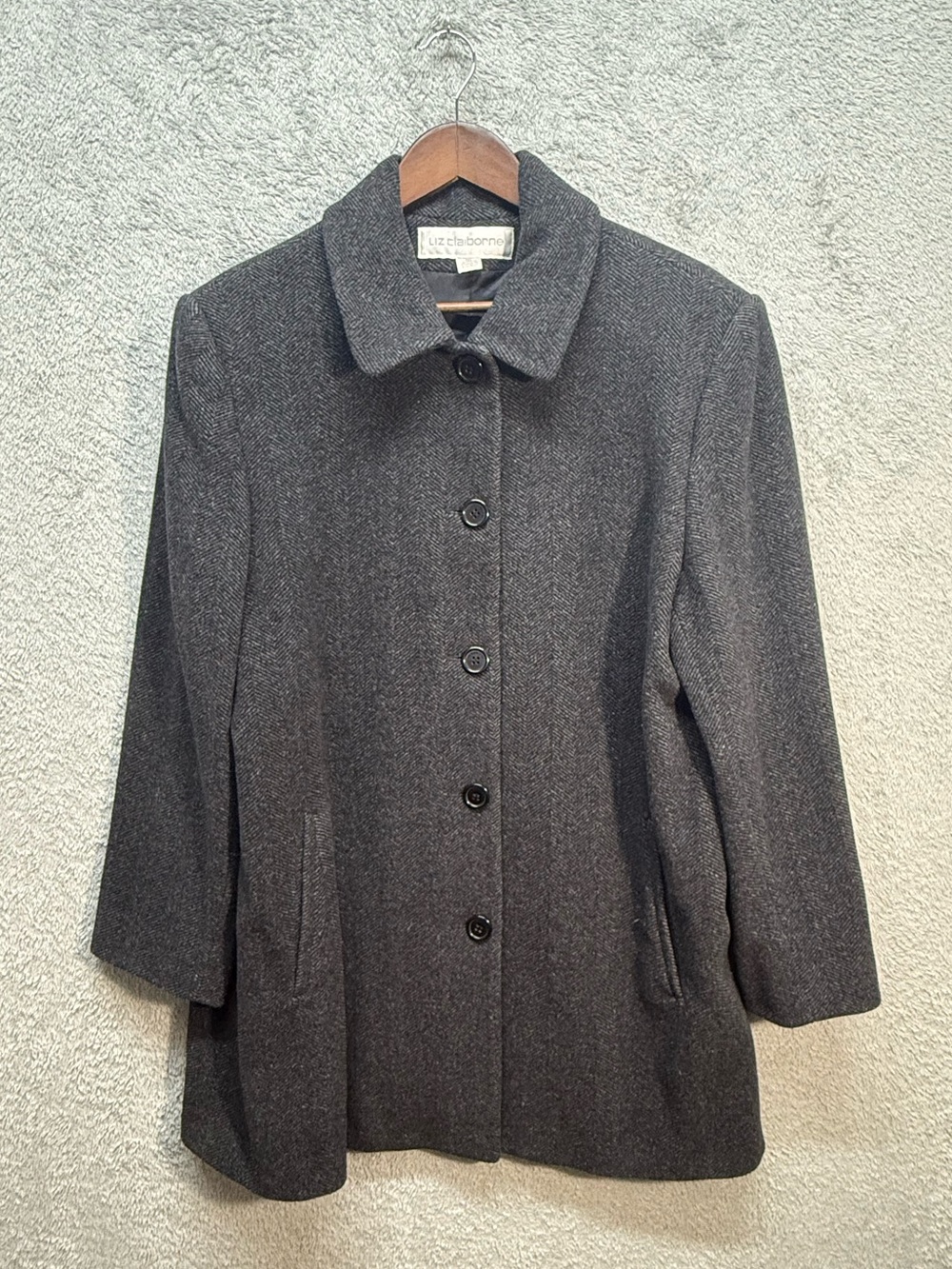 Liz Claiborne Herringbone Wool Blend Car Coat/ Mid-Length Peacoat